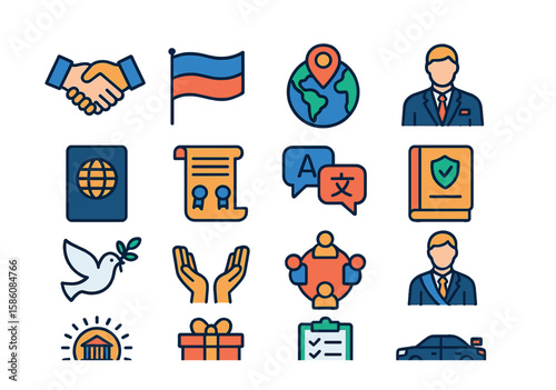 Diplomatic symbols and roles modern flat style. handshake, international flag, globe with embassy pin, ambassador figure, diplomatic passport, treaty scroll, translator