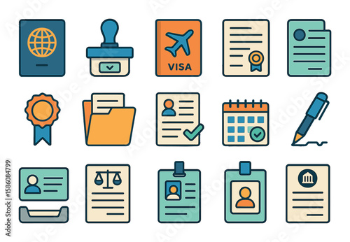 Consular services and documents modern flat style. passport, visa stamp, travel document, birth certificate, notary seal, document folder, approval stamp, application
