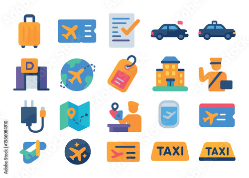 Ambassador travel essentials modern flat style. suitcase, plane ticket, travel itinerary, embassy car, airport gate, global route, luggage tag, hotel building, phone