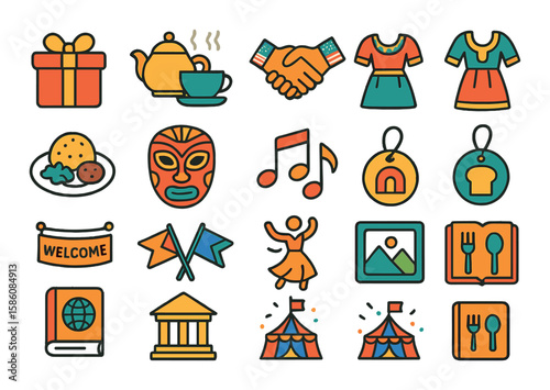 Cultural exchange items modern flat style. gift box, tea set, handshake across flags, ethnic dress, local food plate, traditional mask, shared music notes, souvenir token