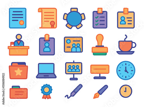 Office and protocol symbols modern flat style. official document, contract scroll, roundtable, protocol checklist, ambassador desk, ID badge, meeting invitation, approval