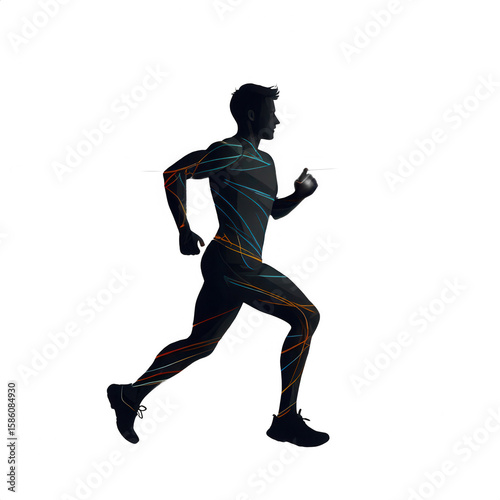 Man running with glowing lines on body in dark background side view pose
