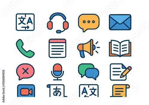 Communication and language tools modern flat style. translator, headset, speech bubble, email letter, phone call, text note, megaphone, open book, foreign alphabet, voice