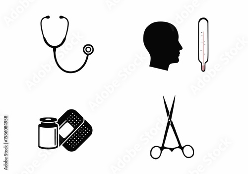 Medical Healthcare & First Aid Vector Icons - Stethoscope, Fever, Bandage, Surgical Tools
