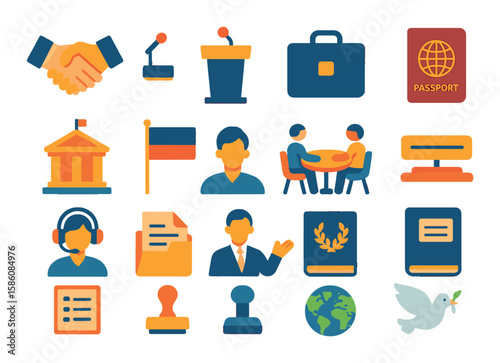 Diplomatic symbols and ambassador tools modern flat style. handshake, speech podium, briefcase, diplomatic passport, embassy building, national flag, negotiation table