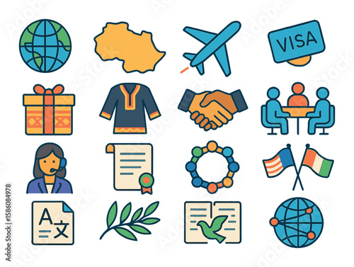 International relations objects modern flat style. globe, country border, plane travel, visa stamp, cultural gift, traditional clothing, cross-cultural handshake, meeting