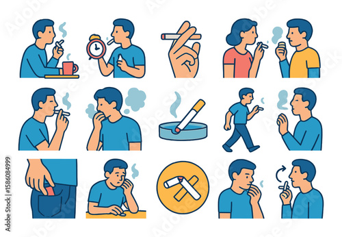 Behavioral patterns linked to nicotine modern flat style. smoking break, morning routine, hand-to-mouth habit, social smoking, solo smoking, stress response, ritual setup