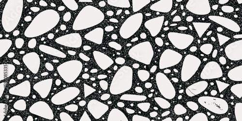  black and white terrazzo pattern featuring various shapes  scattered across it evenly sizes of aggregate fragments evenly creating  speckled texture creating a dense background.