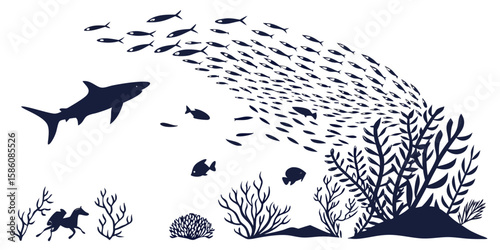 Shark hunting a school of fish near coral reef isolated on white background