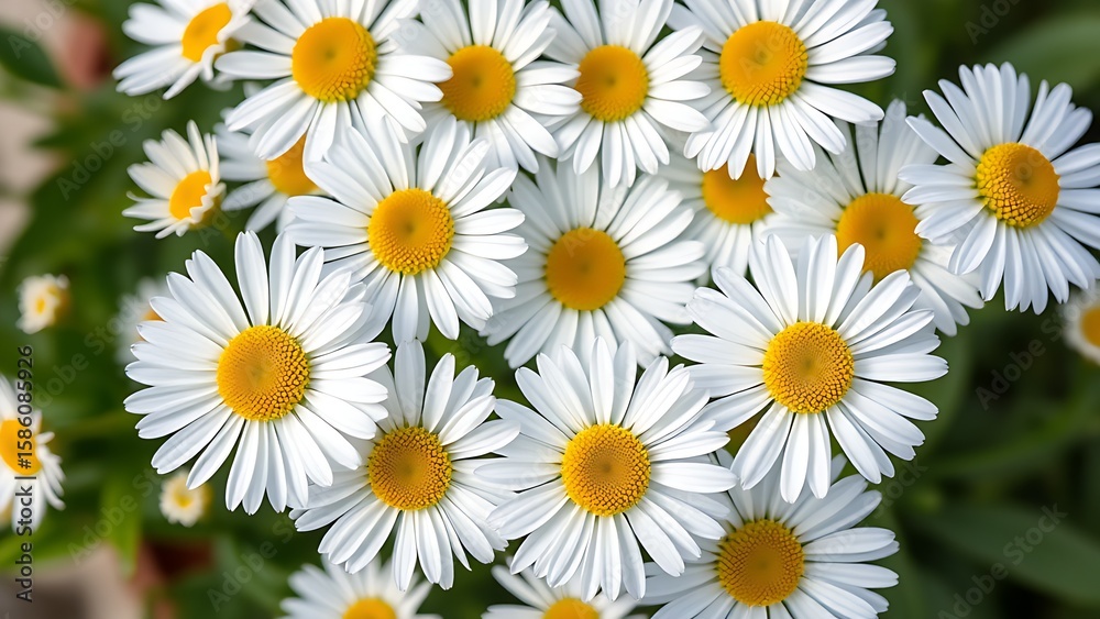 Fototapeta premium Fresh daisy flowers in circular arrangement, highlighting white petals and yellow centers with natural light.