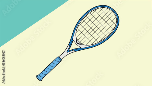 A stylized illustration of a blue and white tennis racket on a pastel background