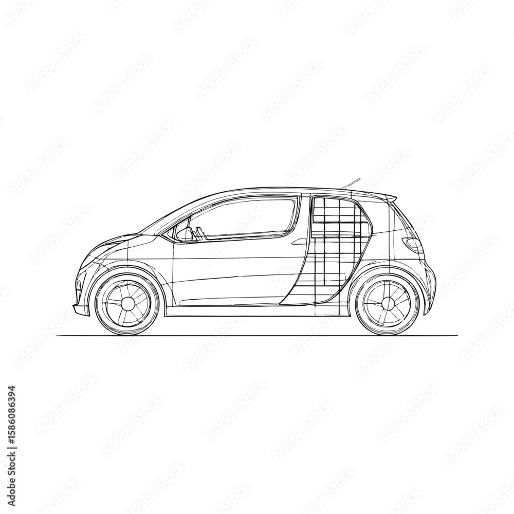 Fototapeta premium One-line abstract sketch of solar-powered compact city car for eco-friendly transportation concepts, green tech campaigns, and future mobility presentations. Black doodle on transparent background.