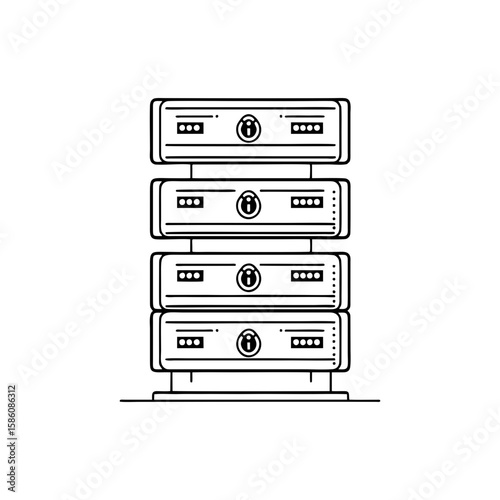 Stack of secure server racks with lock icons in minimalist black doodle style on transparent background. Line art tech concept for cybersecurity infographics, hosting companies, IT blogs, and digital 