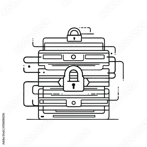 Doodle vector of stacked document folders with padlocks in flat black line art on transparent background. Abstract security design for cloud data, file protection, law firms, and corporate compliance 