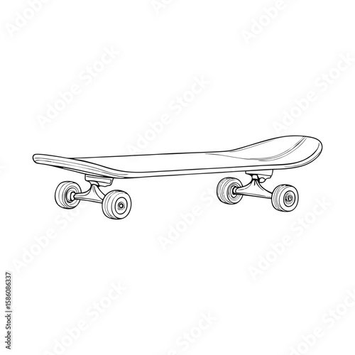 Minimalist doodle of skateboard in side view with black outline on transparent background. Urban lifestyle symbol for youth websites, streetwear branding, and extreme sport posters in clean monochrome