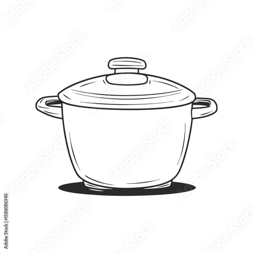 Minimalist black doodle of a cooking pot with lid, shown in side view on transparent background. Vector icon for kitchen blogs, recipe apps, culinary branding, or cookware catalogs in monochrome flat 