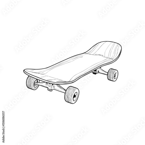 Perspective view of detailed skateboard in black minimalist line art on transparent background. Perfect vector for print design, skate brand identity, teen lifestyle visuals, or sports infographics