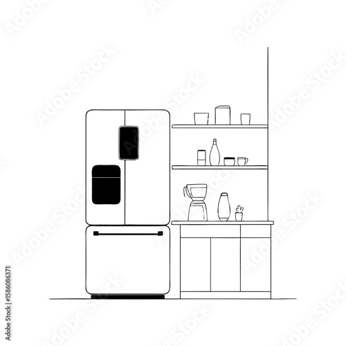 Smart refrigerator with digital panel in modern kitchen interior, black line vector doodle on transparent background. Ideal for food storage app, IoT product promo, kitchen design, or smart home brand
