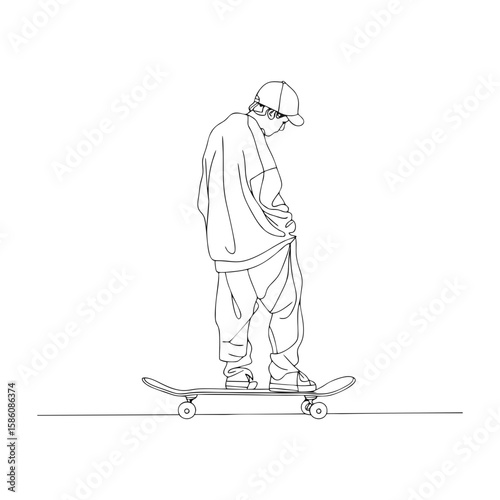 Minimalist black doodle of a young male skateboarder in urban outfit standing on a skateboard, front view, on transparent background. Ideal for street fashion branding, youth magazines, or skate