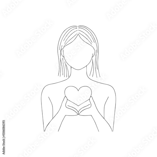 Minimalist one line drawing of female social worker holding heart symbol, expressing compassion and care. Line illustration on transparent background for charity, wellness, and human rights visuals.