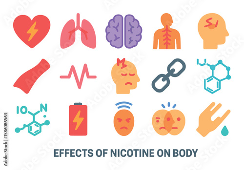 Effects of nicotine on the body modern flat style. heart, lungs, brain, nervous system, blood vessel, increased pulse, headache, addiction chain, dopamine molecule