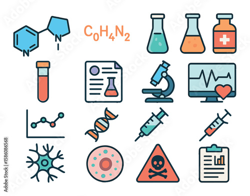 Nicotine in medical and scientific context modern flat style. nicotine molecule, chemical formula, test tube, lab flask, blood sample, research paper, microscope, pill