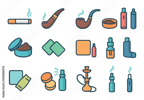 Nicotine delivery methods modern flat style. cigarette, cigar, pipe, chewing tobacco, snuff, nicotine gum, nicotine patch, vape pen, e-liquid bottle, lozenge, nasal spray