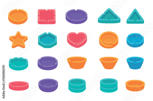 Ashtray shapes and profiles modern flat style. round profile, square profile, oval shape, triangle dish, star outline, hexagon base, heart shape, spiral design, wave rim