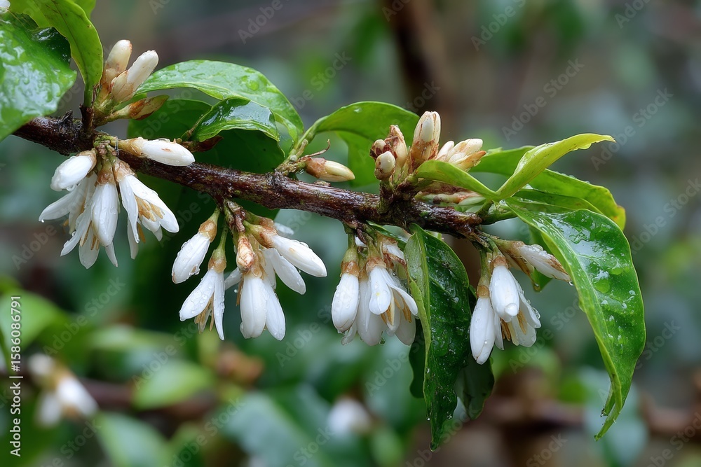 Fototapeta premium Close-up of Delicate White Flowers Blooming on a Branch with Green Leaves