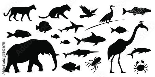 Collection of diverse animal silhouettes including mammals birds fish and marine life isolated on white background