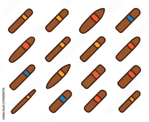 Cigar types and shapes modern flat style. corona, robusto, torpedo, churchill, perfecto, panatela, lonsdale, belicoso, double corona, figurado, box-pressed, short robusto