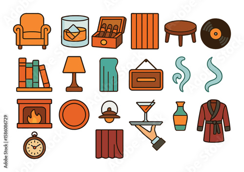 Cigar lounge elements modern flat style. leather chair, glass of whiskey, cigar box, low table, bookshelf, soft lamp, wooden wall, jazz record, fireplace, drink coaster