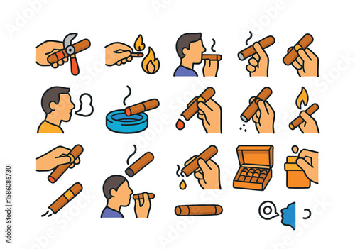 Cigar smoking rituals modern flat style. cutting cigar, lighting with match, puffing cigar, holding cigar, exhaling smoke, resting cigar in ashtray, inspecting wrapper