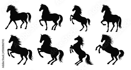 Set of eight black horse silhouettes in varied poses including standing, trotting, and rearing, symbolizing motion, elegance, and strength on white background