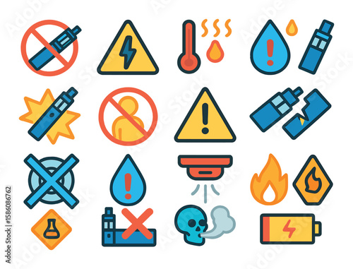 Vape-related warnings modern flat style. no vaping sign, battery warning, overheating icon, leak alert, explosion icon, not for minors, caution triangle, broken device