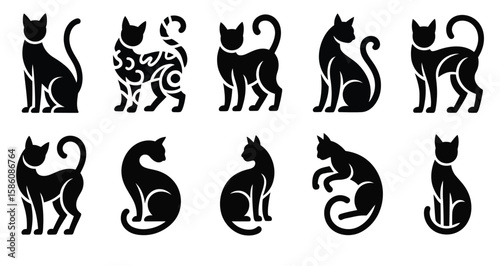 Set of ten black cat silhouettes in various poses including sitting, stretching, and playful stances, symbolizing feline grace and character on white background