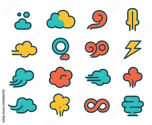Vape cloud styles modern flat style. small puff, thick cloud, spiral vapor, straight stream, broken trail, ring cloud, double swirl, zigzag vapor, upward drift, dense