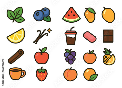 Vape flavors modern flat style. mint leaf, blueberry, watermelon slice, mango, lemon wedge, vanilla bean, cola cup, bubblegum, cinnamon stick, apple, grape bunch