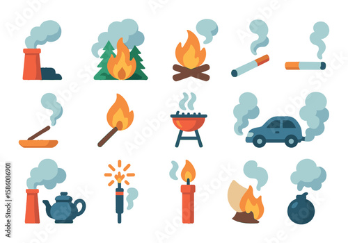 Sources of smoke modern flat style. chimney, wildfire, bonfire, cigarette, incense stick, match flame, barbecue grill, car exhaust, factory pipe, oil lamp, fireworks