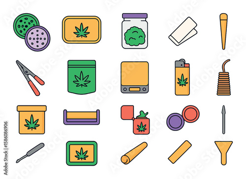 Cannabis-related accessories modern flat style. grinder, rolling tray, stash jar, filter tip, roach clip, smell-proof bag, scale, cone tube, storage box, rolling machine