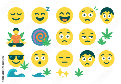 Emotions and cannabis use modern flat style. relaxed face, sleepy face, laughing face, anxious face, meditating person, euphoria swirl, spaced-out eyes, hungry smile
