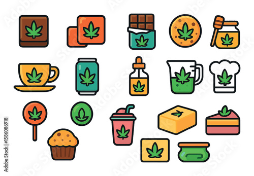 Cannabis in food and drink modern flat style. brownie, gummy, chocolate bar, cookie, tea cup, soda can, oil bottle, infused honey, lollipop, candy drop, chef hat