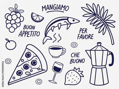 Vintage Italian food icon sketch with espresso maker, wine, pizza slice, and herbs drawn in hand-doodle chalk style for cafe signage, placards, and menu print illustrations.


