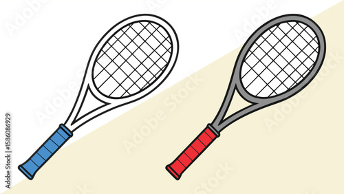 Two tennis rackets one black and white and one colored with red and blue grips