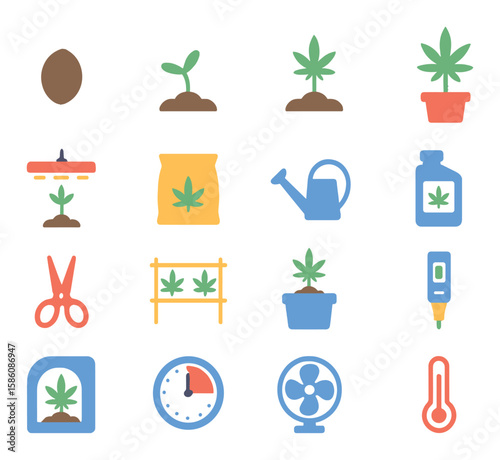 Cannabis cultivation modern flat style. seed, sprout, young plant, mature plant, grow light, soil bag, watering can, nutrient bottle, trimming scissors, drying rack