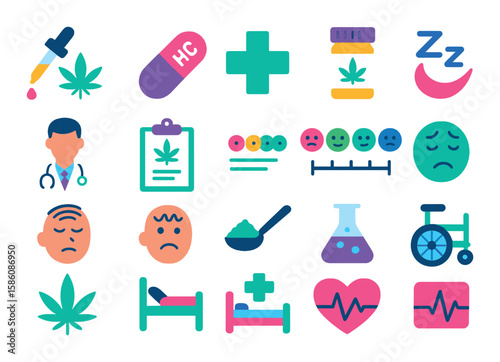 Cannabis-related medical use modern flat style. CBD oil, THC pill, medical cross, prescription bottle, doctor, clipboard, pain chart, sleep icon, stress relief, anxiety