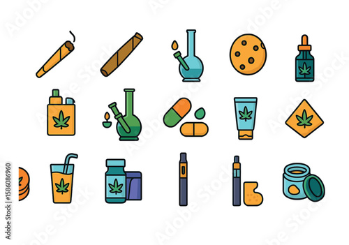 Cannabis consumption methods modern flat style. joint, blunt, bong, pipe, vaporizer, dab rig, edible, tincture, capsule, infused drink, topical cream, rolling paper