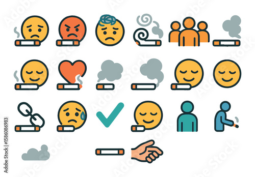 Emotions linked to smoking modern flat style. sad face, angry face, stressed face, tired eyes, relaxed face, craving icon, anxious swirl, shaking hand, puff cloud, social