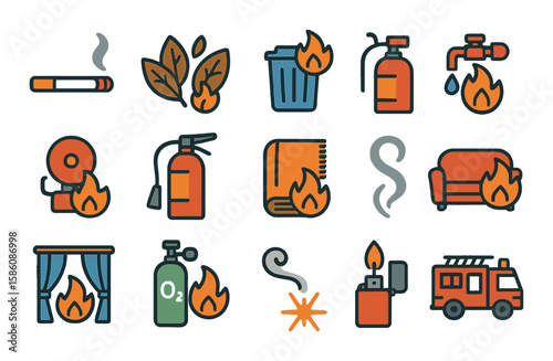 Fire hazards caused by smoking modern flat style. burning cigarette, dry leaves, trash bin, gas leak, fire alarm, extinguisher, carpet, bed, curtain, oxygen tank, smoke