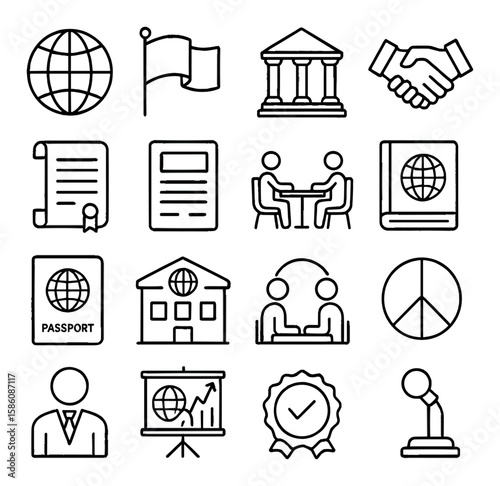 Core elements of foreign policy line icons. globe icon, national flag, embassy building, handshake, treaty scroll, policy document, negotiation